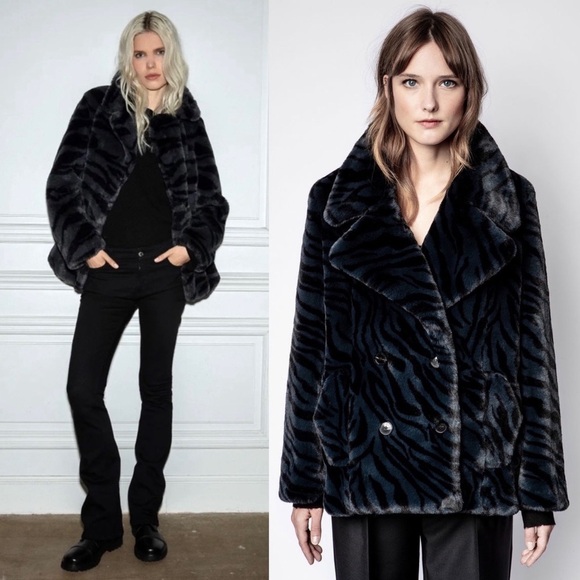 ZADIG & VOLTAIRE Plush Faux Fur Navy Blue Tiger Print Double Breasted Coat S - Picture 1 of 15